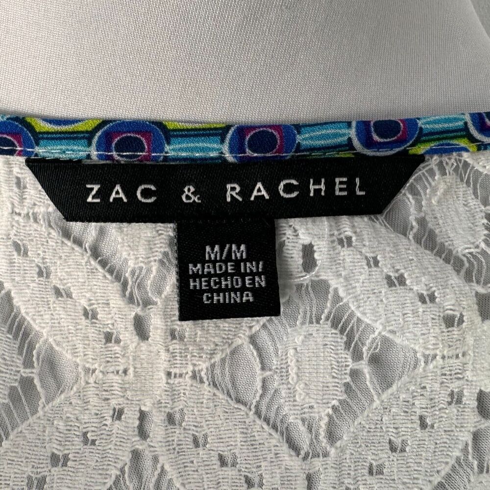 Zac & Rachel Ladies Top Sz M Multicolor with white lace round neck front tie