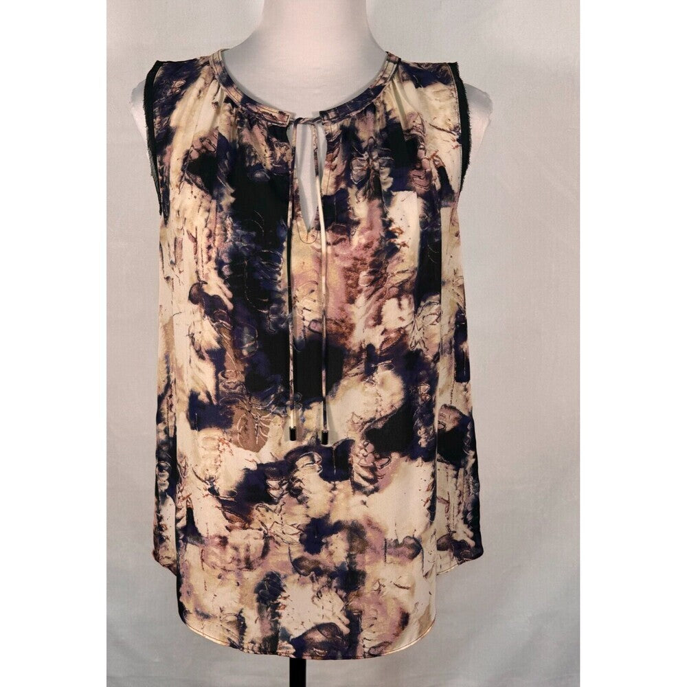 Simply Vera Wang women’s sleeveless abstract print blouse in black, beige, blush pink and purple tones