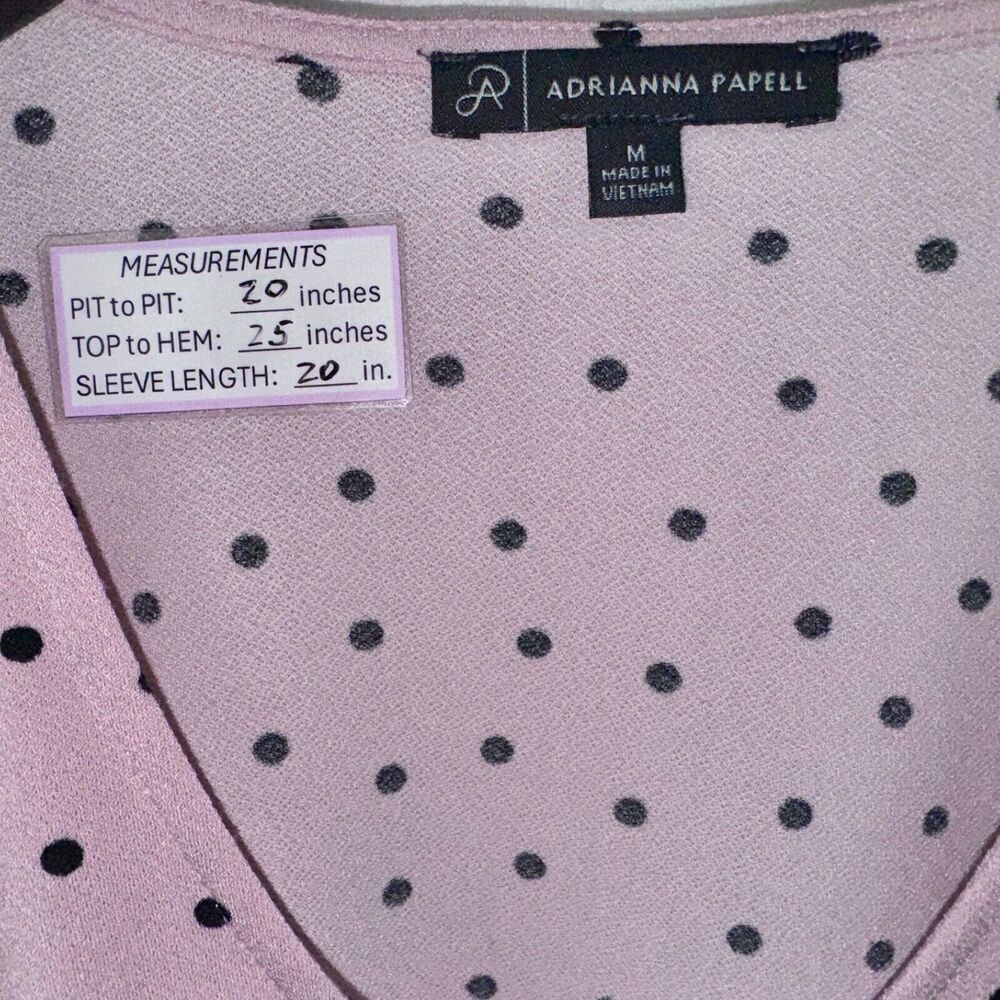 Adrianna Papell Ladies SZ M Polka Dot Print Top Blouse 3/4 Sleeve Pink/Black