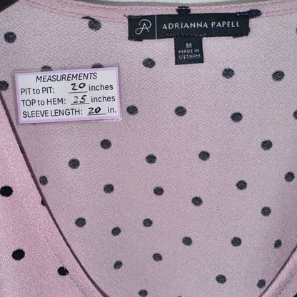 Adrianna Papell Ladies SZ M Polka Dot Print Top Blouse 3/4 Sleeve Pink/Black