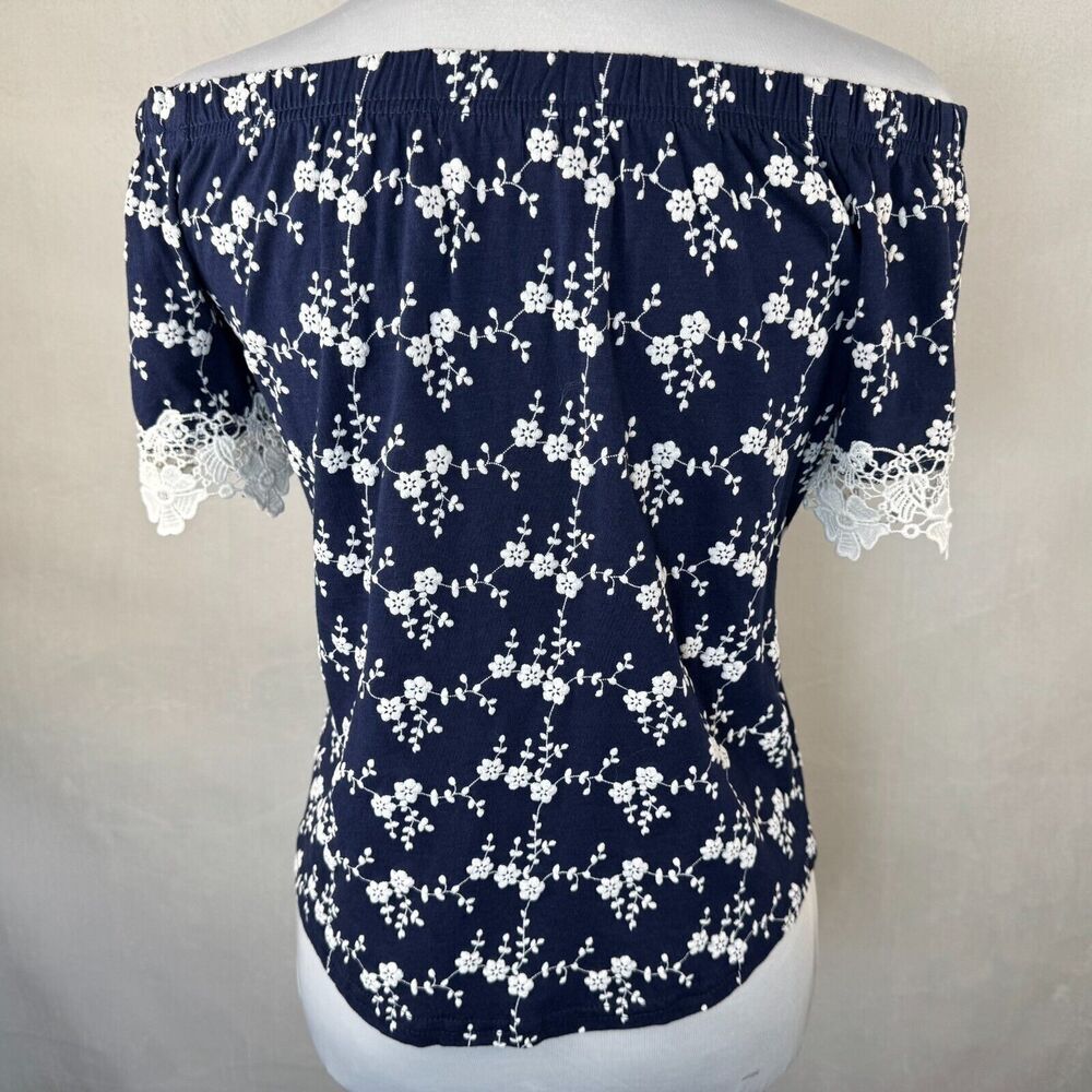Roommates Sz S Navy Off The Shoulder Cropped Embroidered Short Sleeve Lace Trim