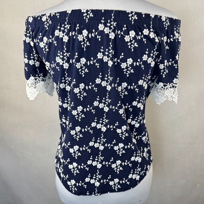 Roommates Sz S Navy Off The Shoulder Cropped Embroidered Short Sleeve Lace Trim