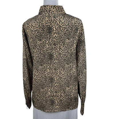 Donna Gray Women Blouse XL Silk Button Down Long Sleeve Animal Print Brown Tan