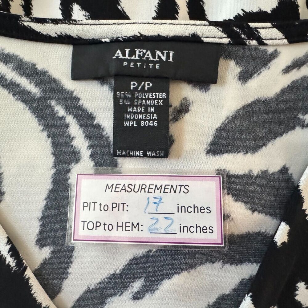 Alfani Women Sz P/P Black White Blouse V-Neck Ruched Front Long Sleeve