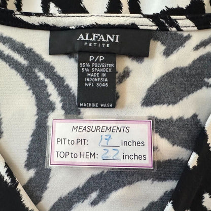 Alfani Women Sz P/P Black White Blouse V-Neck Ruched Front Long Sleeve
