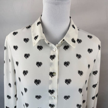 Rose & Olive Blouse Sz L White Black Hearts Button Down Cuffed Long Sleeves