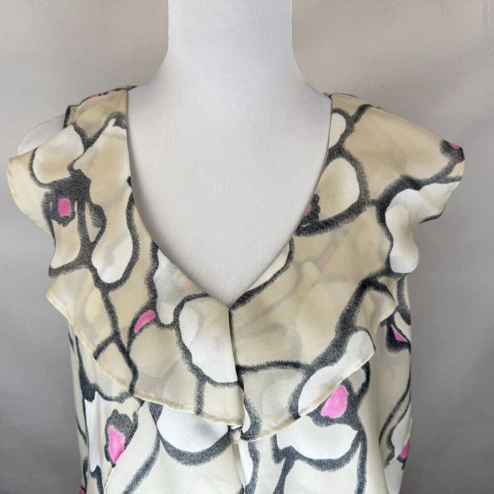 Loft Ann Taylor Beige Top Sz S Ruffled Layers Gray Pink Print VNeck Sleeveless