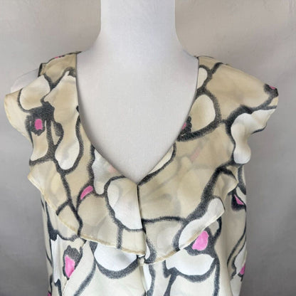 Loft Ann Taylor Beige Top Sz S Ruffled Layers Gray Pink Print VNeck Sleeveless