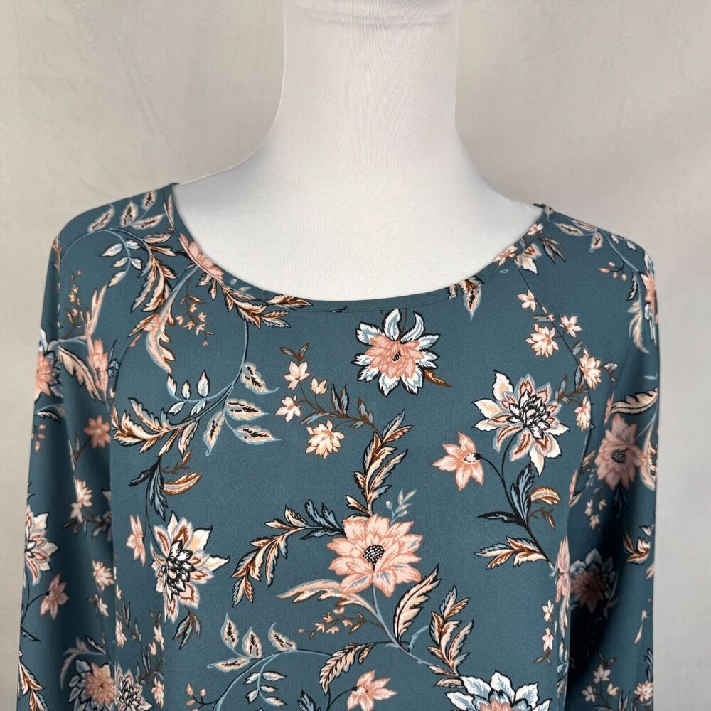 Papermoon Top Sz L Teal Floral Print Raglan Long Sleeve Back Zipper Boat Neck