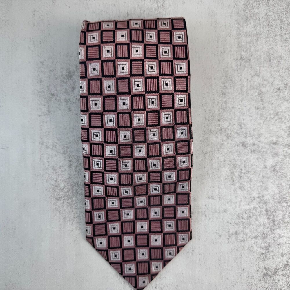 Bocara Silk Hand Made Tie 100% Silk Red Gray Pink Geometric Pattern