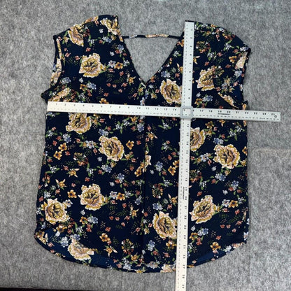 Halogen Blouse Sz XL Navy Blue Floral Print V-Neck Cap Sleeve Back Strap