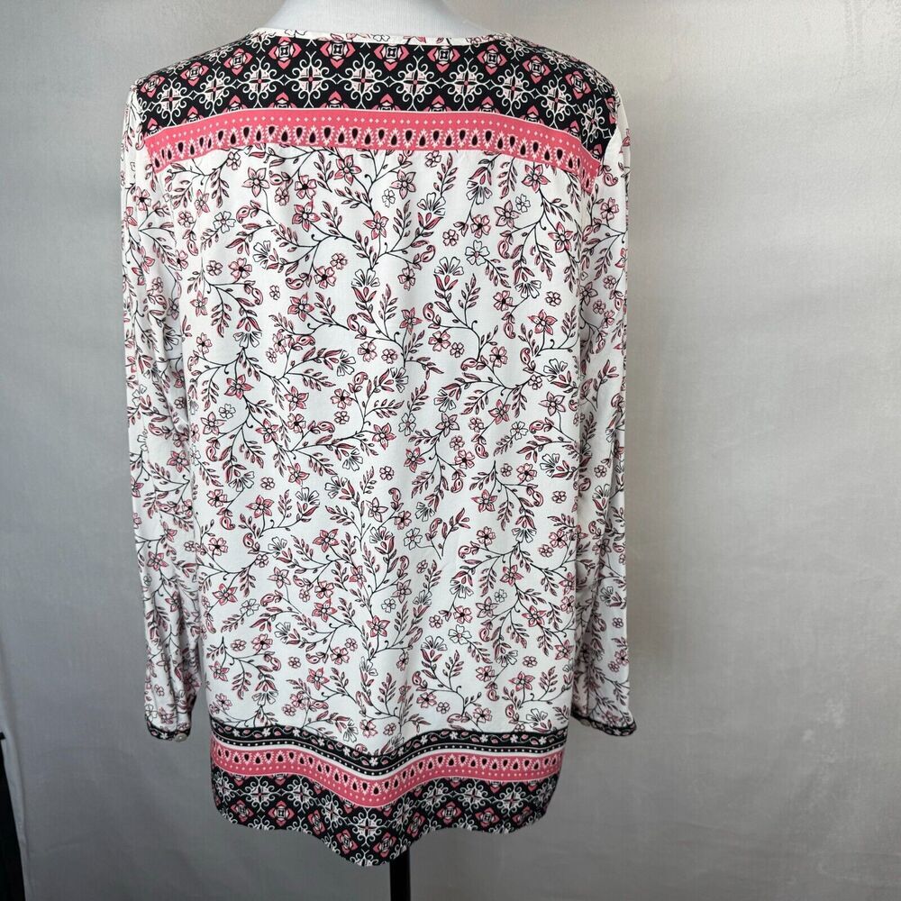 J. Jill Women Sz M Tunic White Floral Print Border Split Neck Long Sleeve