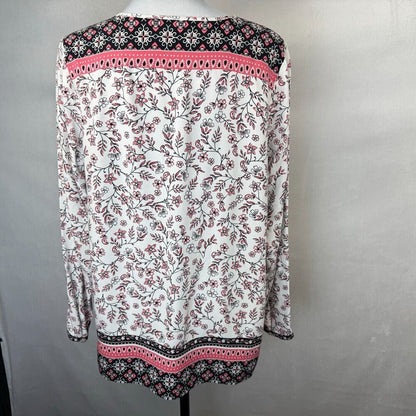 J. Jill Women Sz M Tunic White Floral Print Border Split Neck Long Sleeve
