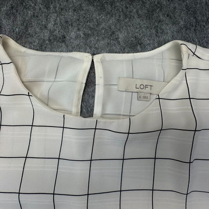 LOFT Top Sz M Ivory Plaid Round Neck Short Sleeve Keyhole Back Peplum Lined