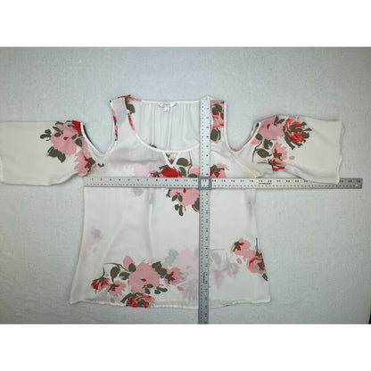 Candies Top Sz S Sheer Ivory Floral Round Neck Cut Out Cold Shoulder