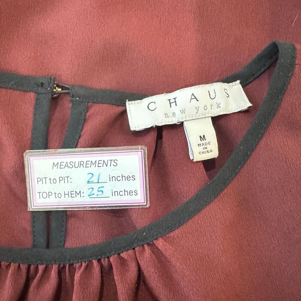Chaus New York Women Sz M Top Maroon Black Trim Sleeveless Neck Keyhole Career