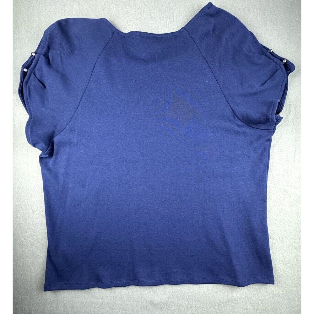 Rafaella Sx 2X Vintage Blue Top Metal Embellished Collar Short Sleeve