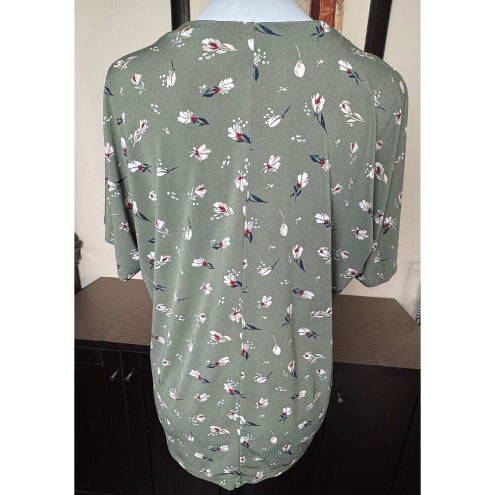 Banana Republic Top Sz S Casual Knit V Neck Cap Sleeve Green Floral Stretch