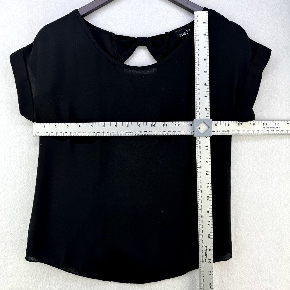 Rue21 Blouse Women Sz Small Black Sheer Cap Sleeve Back Cutout with 6 Bows