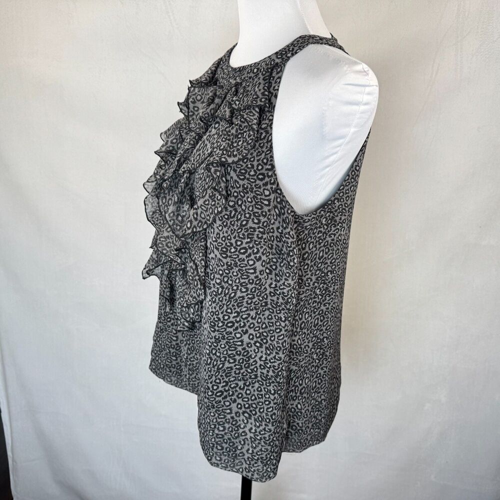 ECI  Top Sz 10 Gray Black Halter Ruffle Front Sleeveless Open Back Animal Print