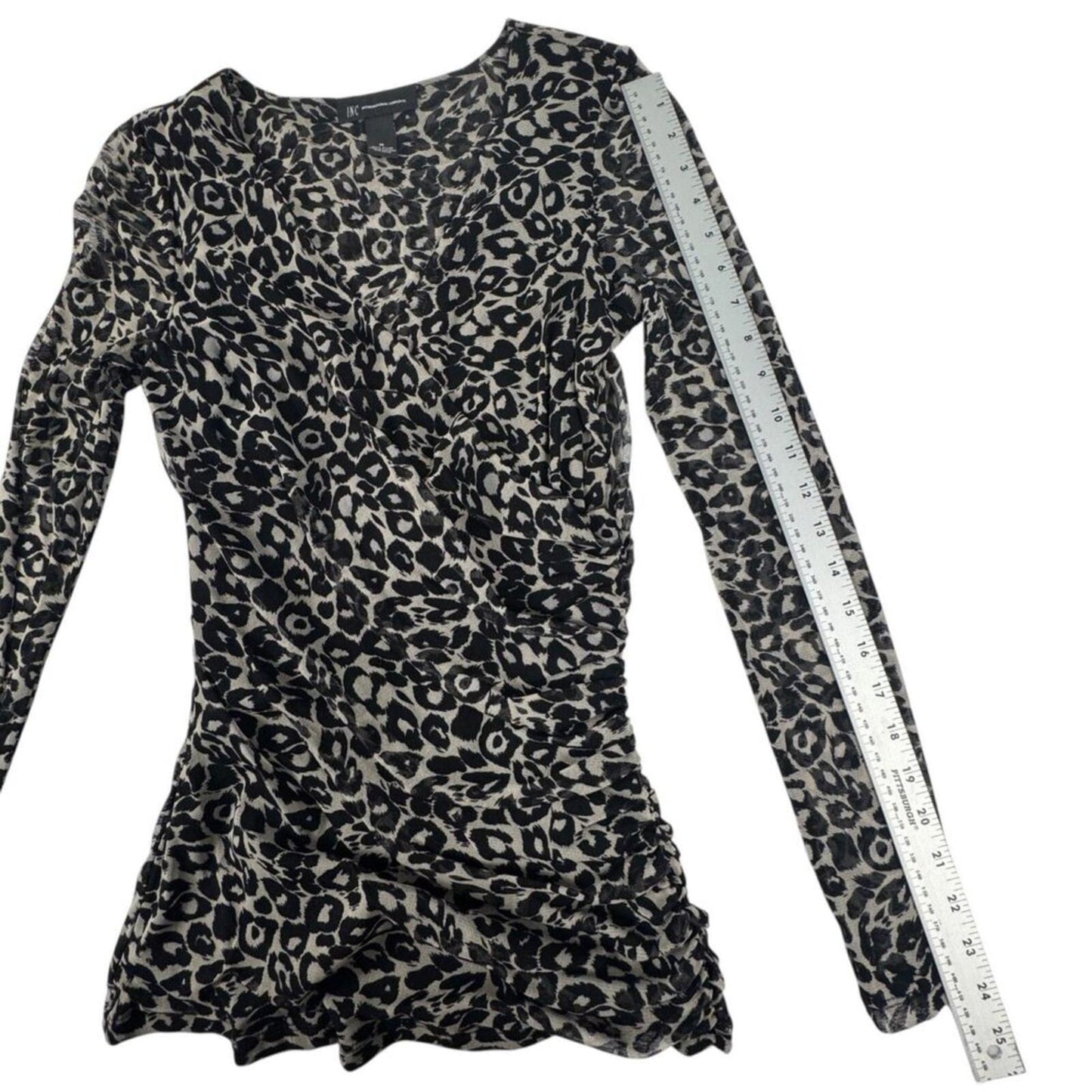 INC International Concepts Women M Top Ruched Mesh Animal Print Faux Wrap Neck