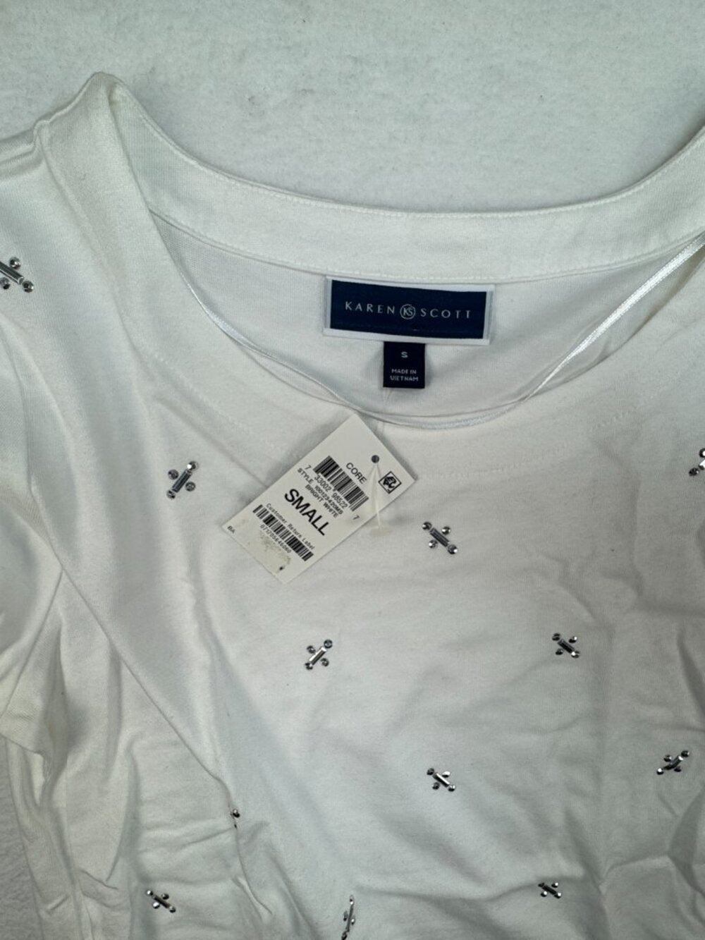 Karen Scott Women Top Sz S White Metallic Beads Tied Short Sleeves NWT