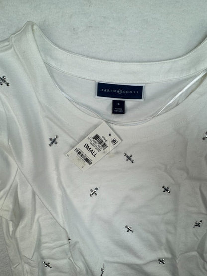 Karen Scott Women Top Sz S White Metallic Beads Tied Short Sleeves NWT