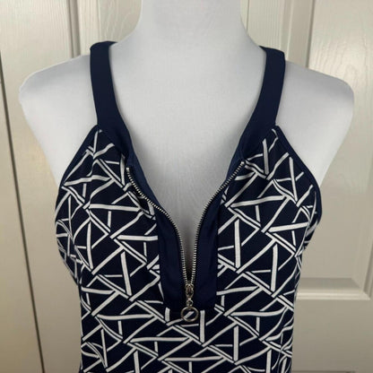 Naif Women Halter Top Size M Navy White Geometric Print Sleeveless Zip Front