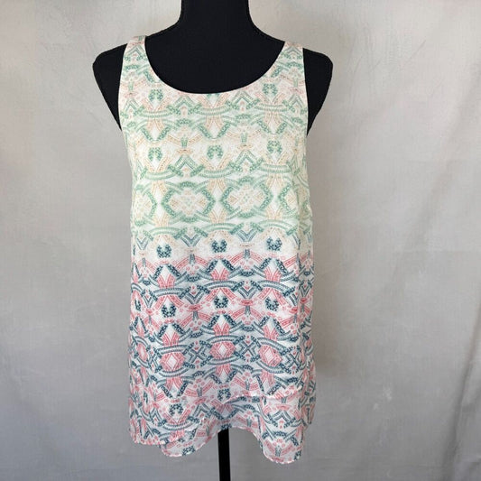CAbi Top Sz S Scoop Neck Sleeveless Chiffon Layered Lined Mosaic Print
