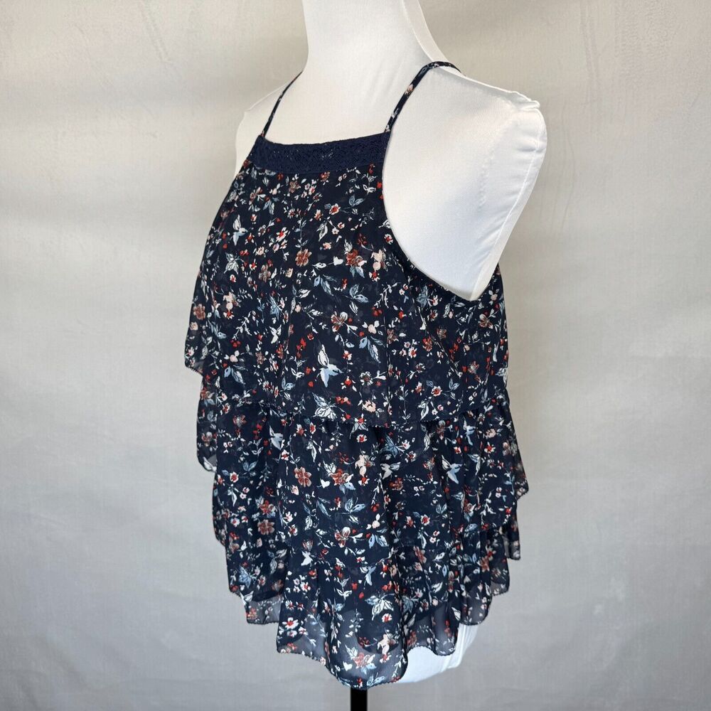 Abercrombie & Fitch Tank Sz S Navy Sheer Floral Ruffled Lace Trim Racerback