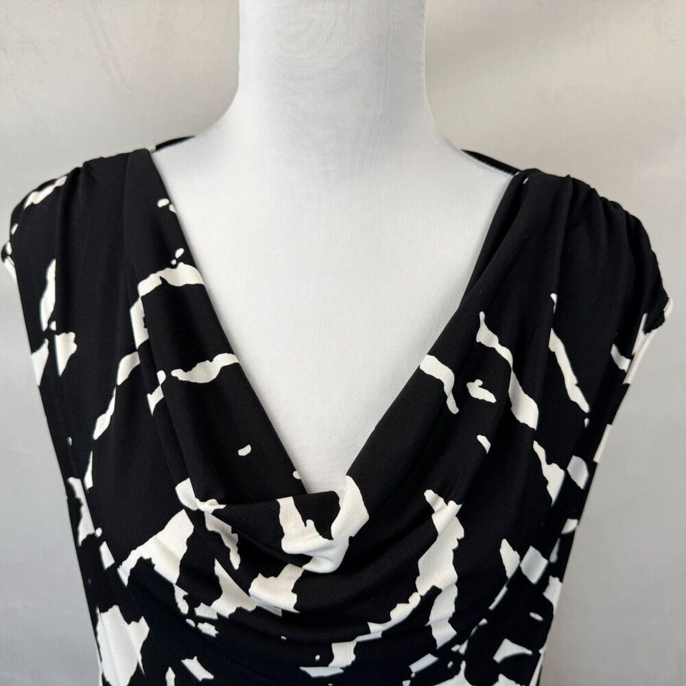 Calvin Klein Women Sz M Black White Print Cowl Neck Drape Cap Sleeve Designer