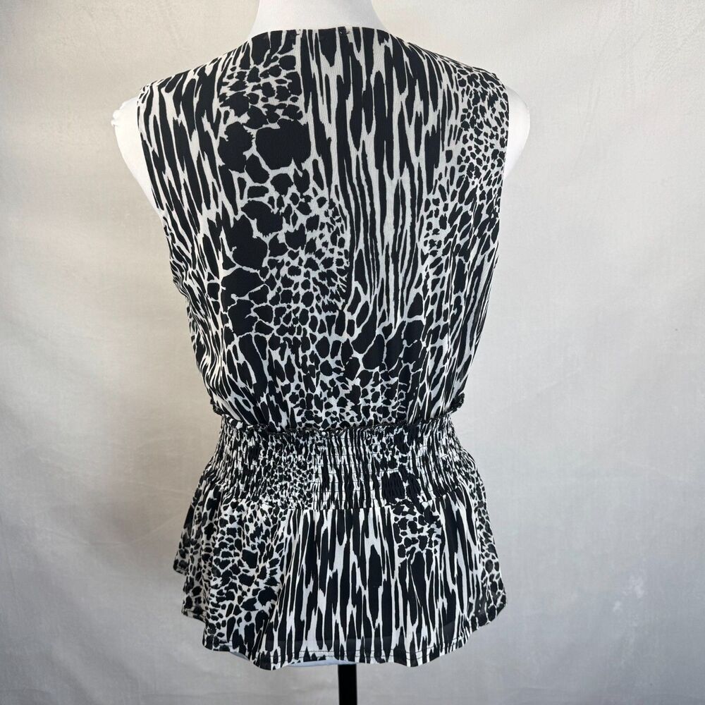 Ember Ladie's Peplum Top Sz M Animal Print Sleeveless Smocked Lace-up Waist
