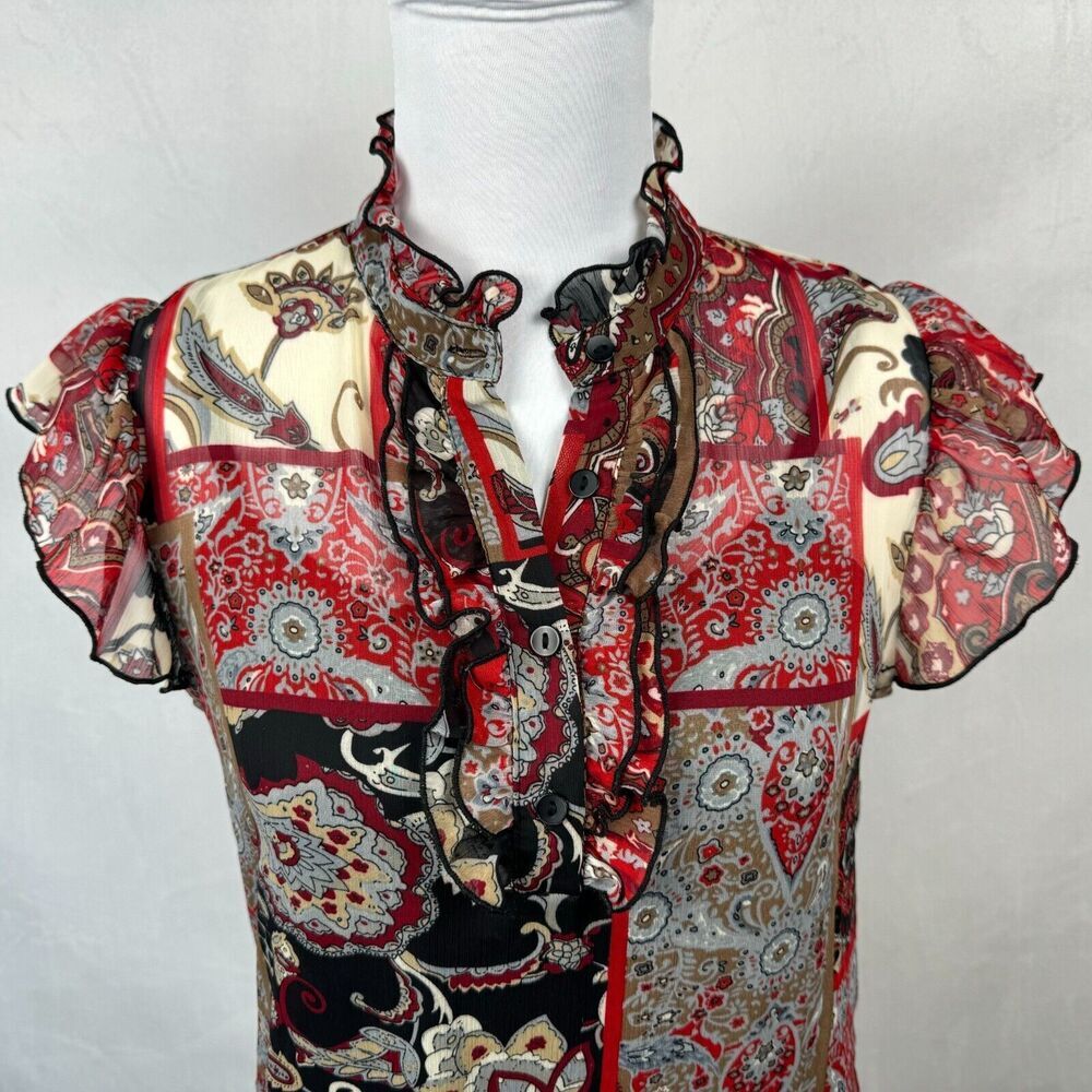 Iz Byer Blouse Sz M Black Multicolor Split Buttoned Neck Short Sleeve with Cami