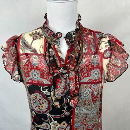 Iz Byer Blouse Sz M Black Multicolor Split Buttoned Neck Short Sleeve with Cami
