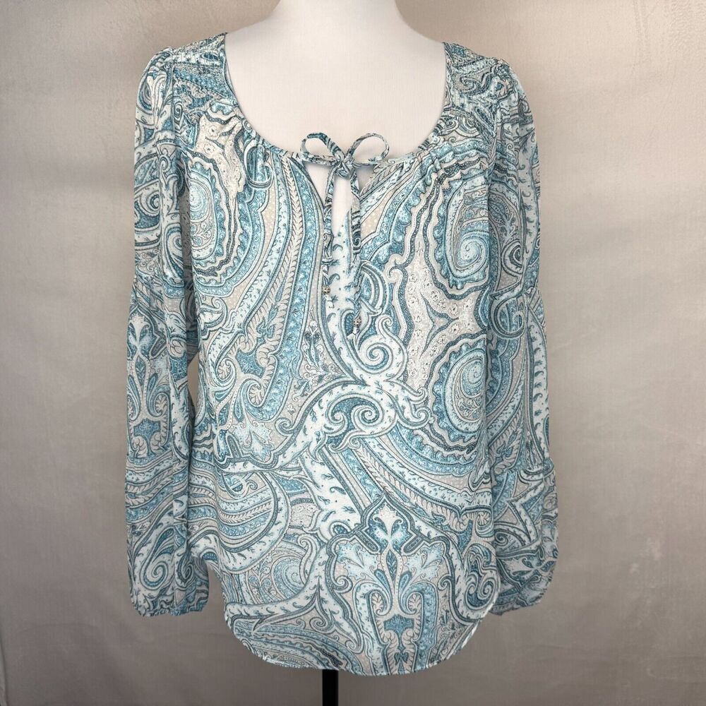 White House Black Market Blouse Sz S Blue Paisley Ruched shoulder Long Sleeve