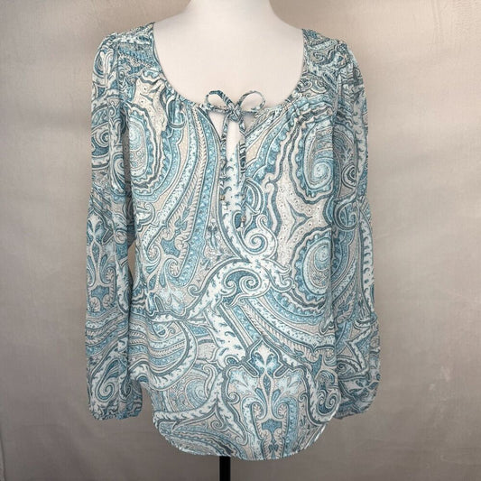 White House Black Market Blouse Sz S Blue Paisley Ruched shoulder Long Sleeve