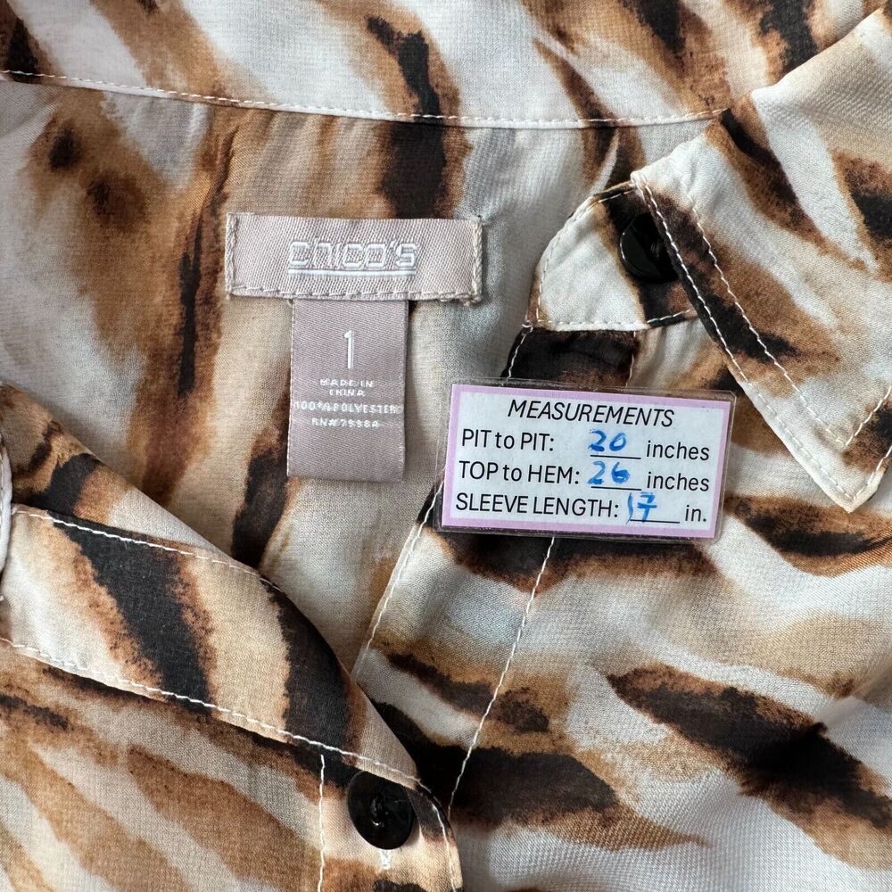 Chicos Top Sz 1 Sheer Brown Tiger Print Button Up 3/4 Sleeve