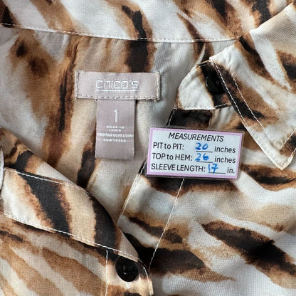 Chicos Top Sz 1 Sheer Brown Tiger Print Button Up 3/4 Sleeve
