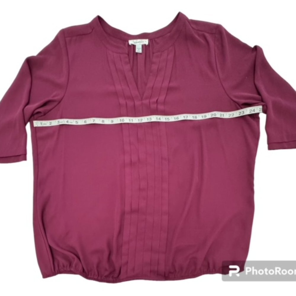 Dressbarn Burgundy Pleated Blouse Sz 2X V-Notched Neckline 3/4 sleeve