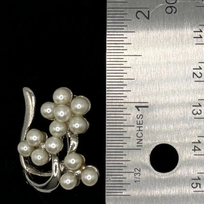 Vintage Silver Tone Floral Brooch Faux Pearl Flower Bouquet Pin