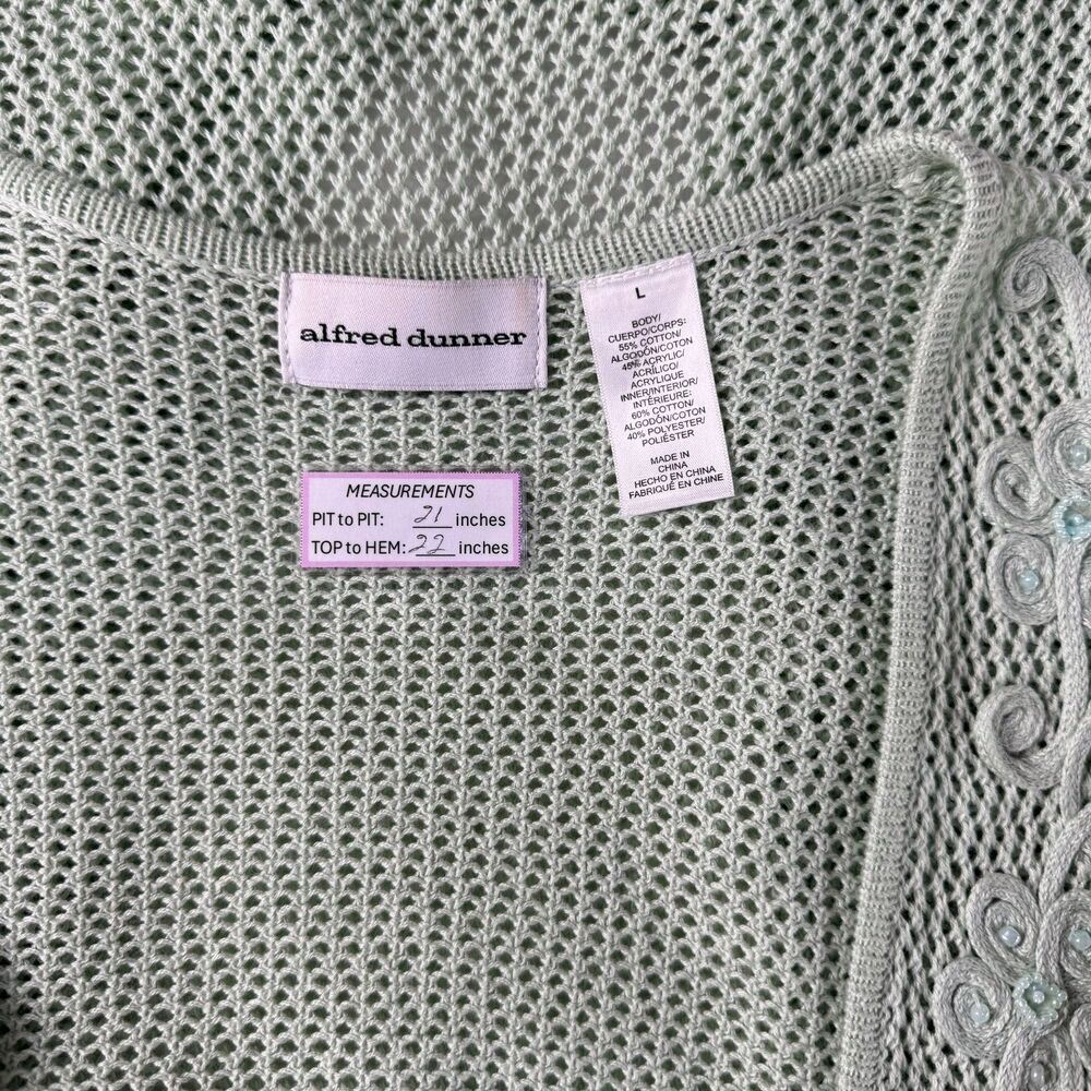 Alfred Dunner Women Sz L Crochet Knit Embroidered Open Cardigan Cotton NWOT