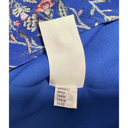 LOFT Women's Sz S Blouse Blue Floral Ruffle Crew Neck Puffed Ruffle Short Sleeve