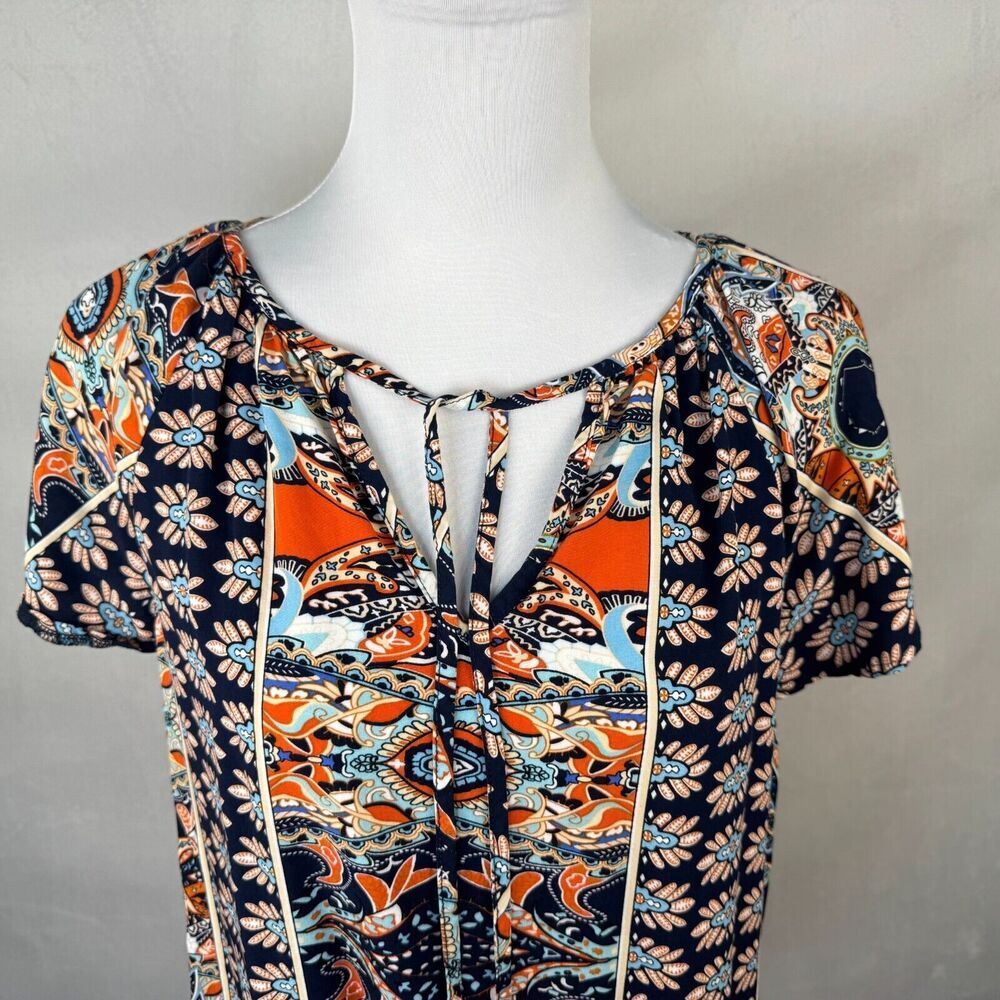 Angashion Top Sz M Black Multicolor Print Flutter Raglan Sleeve Split Neck Tie