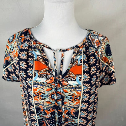 Angashion Top Sz M Black Multicolor Print Flutter Raglan Sleeve Split Neck Tie