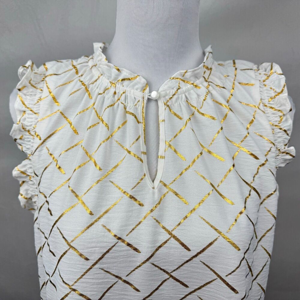 Como Black Ladies Sz S Blouse White Gold Print ruched round neck keyhole