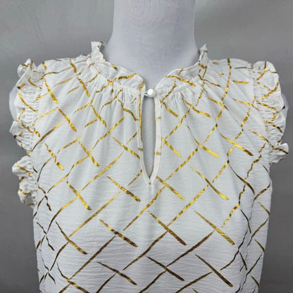 Como Black Ladies Sz S Blouse White Gold Print ruched round neck keyhole