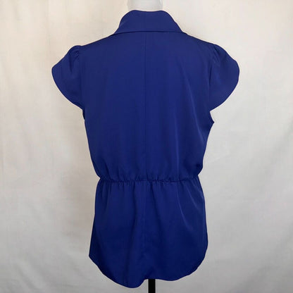 Banana Republic Top Sz L Blue Cowl Neck flutter sleeves back peplum