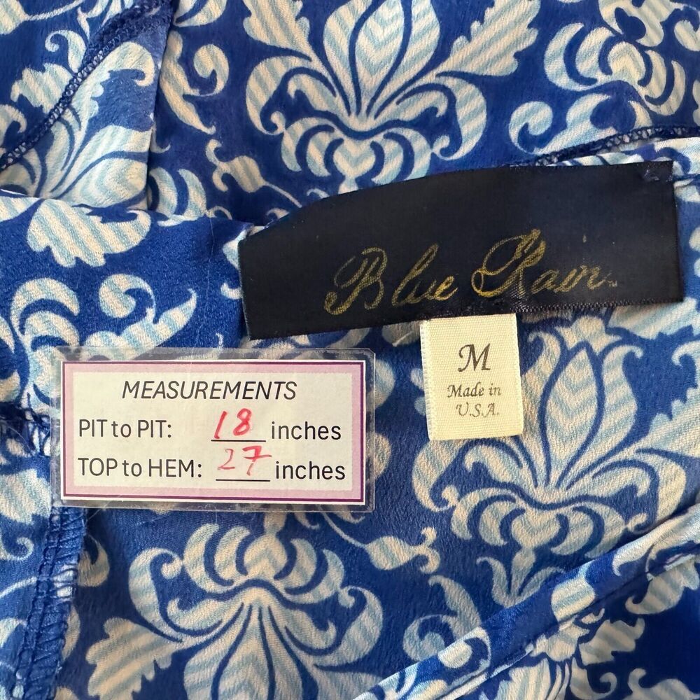 Blue Rain Ladies Blouse Sz M Blue White Print Bow Back Round Neckline Sleeveless