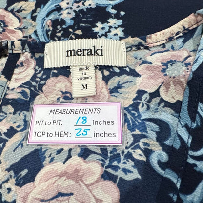 Meraki Blouse Sz M Navy Floral Print Scoop Neckline Cold Shoulder Back Keyhole