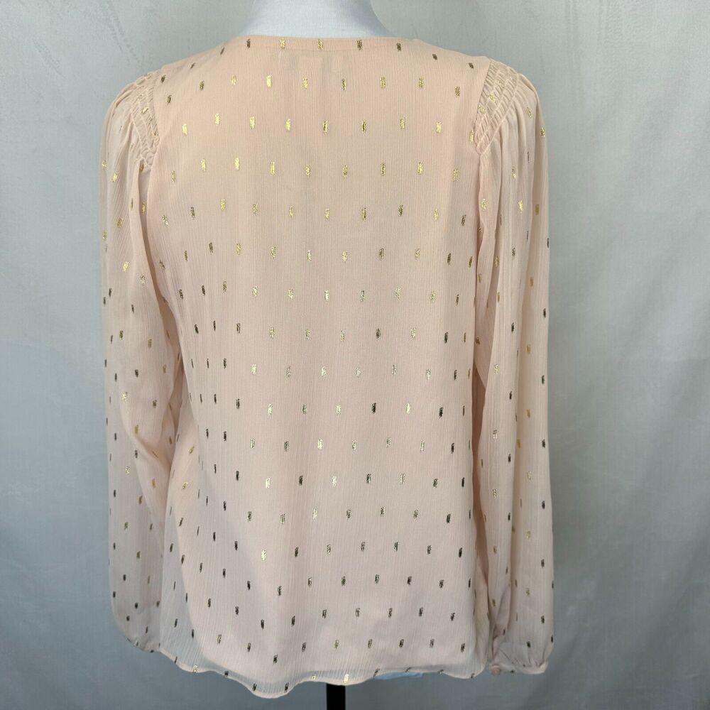 Nine West Sheer Blouse Sz S Peach Foil Gold Speck Chiffon Keyhole Long Sleeve